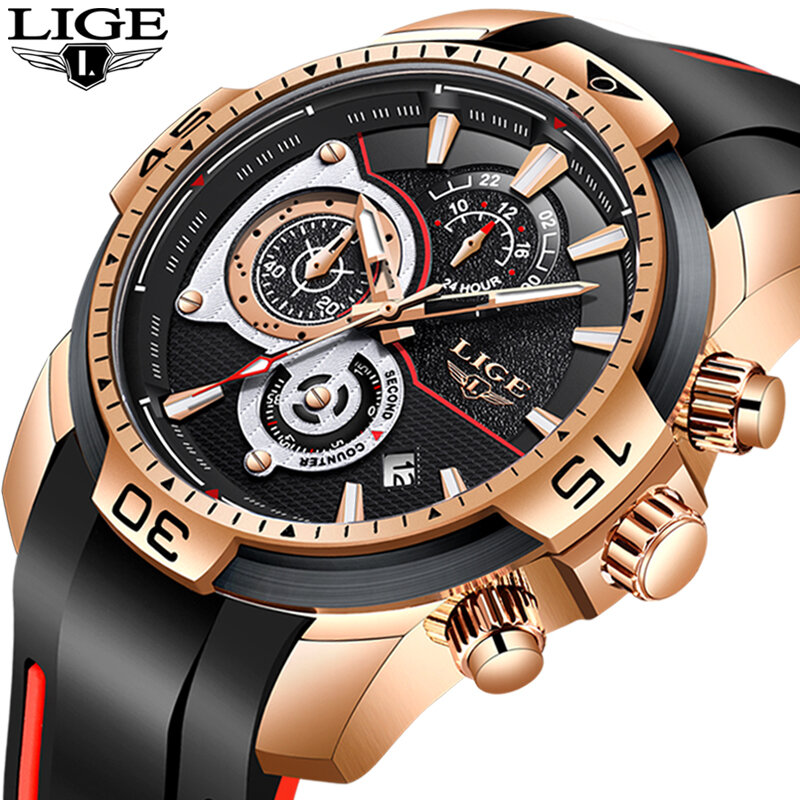 Reloj LIGE-남성용 시계, 실리콘 스트랩 탑 브랜드 럭셔리 스포츠 크로노 그래프 밀리터리 방수 남성 시계 박스 + 박스