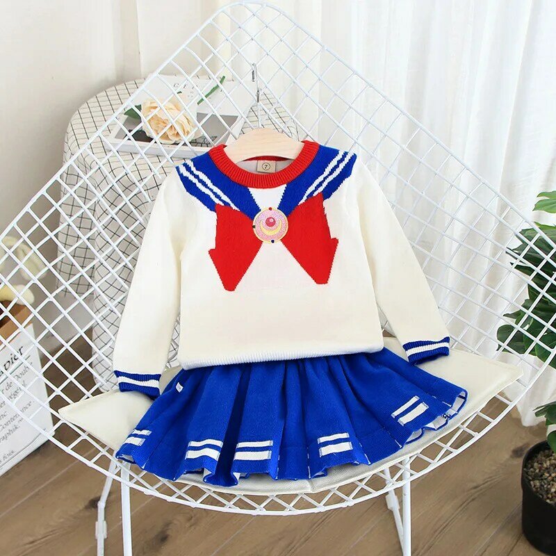 Baby girl clothes new female sweater set children's sailor collar knit suit sweater girls warm sweater skirt two-piece 2-6Y#0069