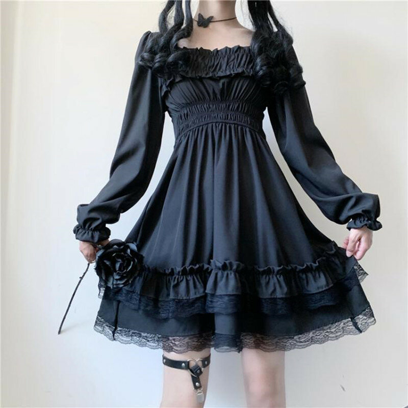Vestido de estilo Lolita japonés para mujer, minivestido negro de princesa con cuello de barco, cintura alta, gótico, falda de manga abombada de encaje, nuevo 2021