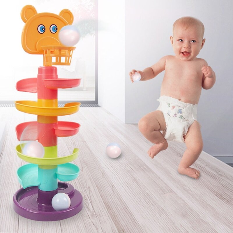 N7ME 1Set Interactive Plastic Ball Drop Toy Stacking Block Playset Stimulation Blocks Rolling Ball Game Ball Tossing Game