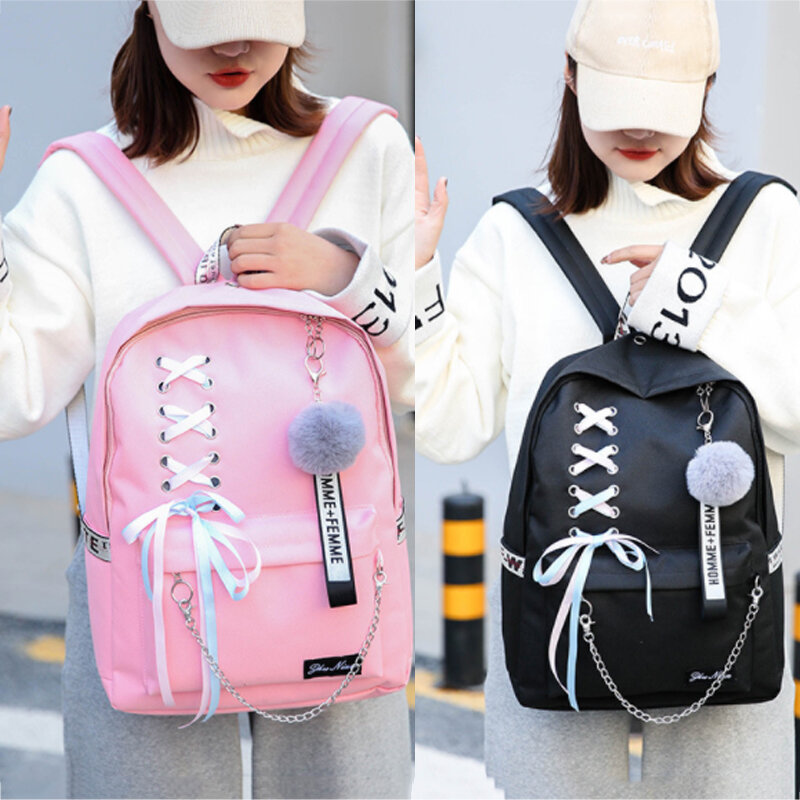 2019 Chain Canvas female book bag backpack 5pcs/set schoolbag school bag travel pack fashion Tassel women teenage teenagers girl