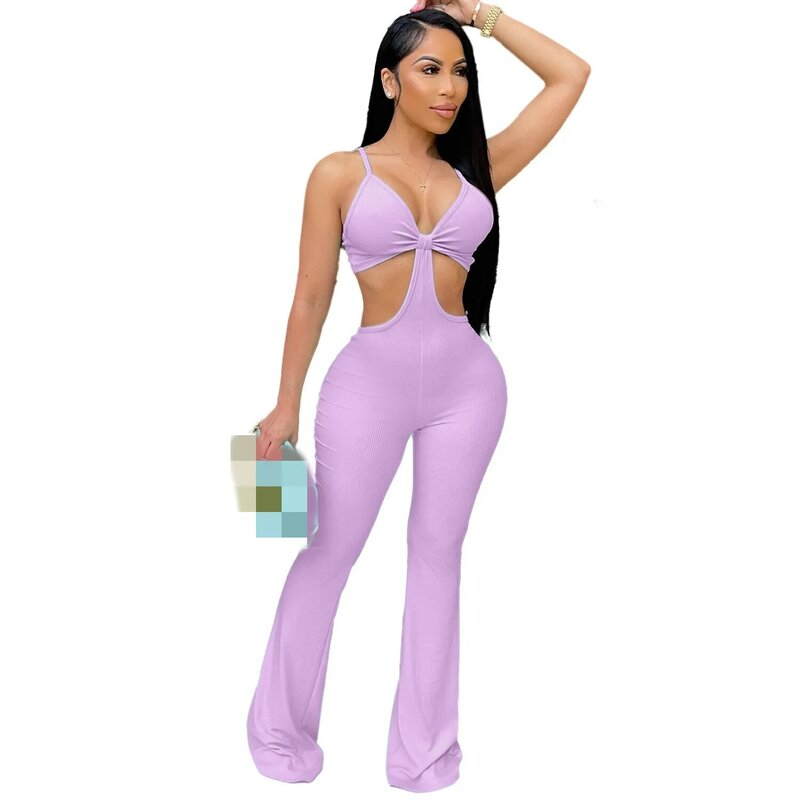 JRRY Sexy Women Flared Jumpsuits Spaghetti Strap Bra Top Bell Bottom Pants Bodysuit High Elasticity Solid Pattern Outdoor Wear