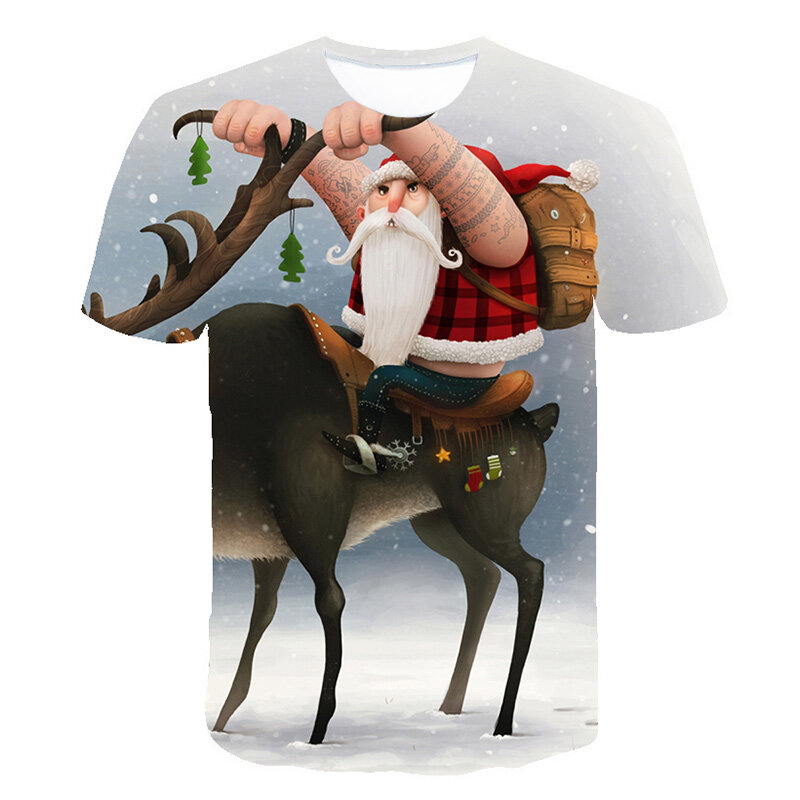 Новинка 2021, летняя Рождественская футболка, футболка с 3D принтом, Мужская футболка с Санта-Клаусом, Повседневная модная футболка с коротким ...