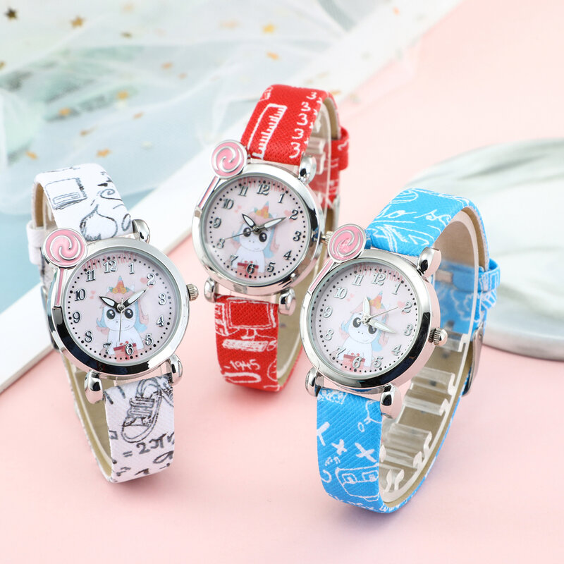 6 kolorów koń kreskówkowy wzór zegarki dla dzieci skórzany pasek zegarka dzieci jednorożec sport Wrist Watch chłopcy dziewczęta zegar relojes