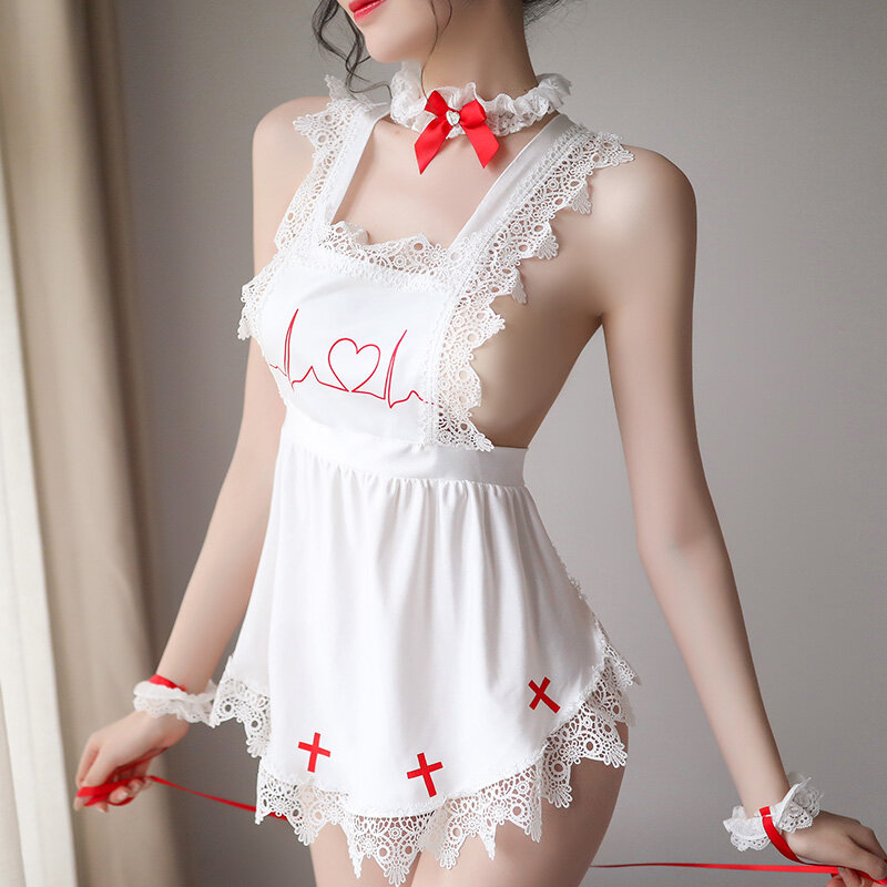 Seksowny kostium sukienka Babydoll jednolita erotyczna bielizna do odgrywania ról kobiety seksowna bielizna Cosplay francuski fartuch pokojówka sługa Lolita