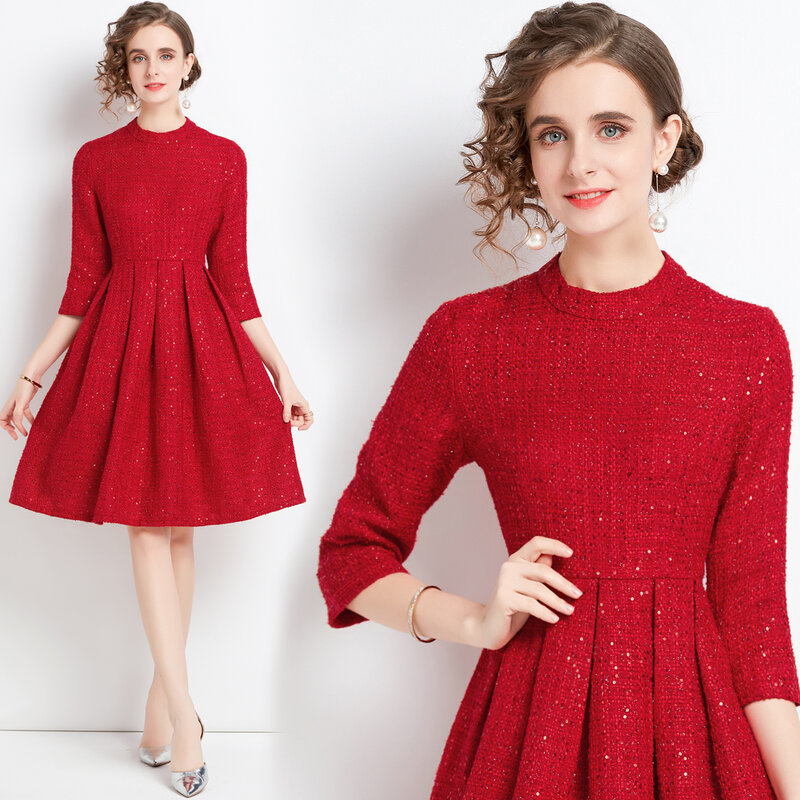 Autumn Winter Fashion Sequined Red Tweed Christmas Party Dress Runway Elegant Women O-Neck Slim A Line Pleated Dress Vestidos