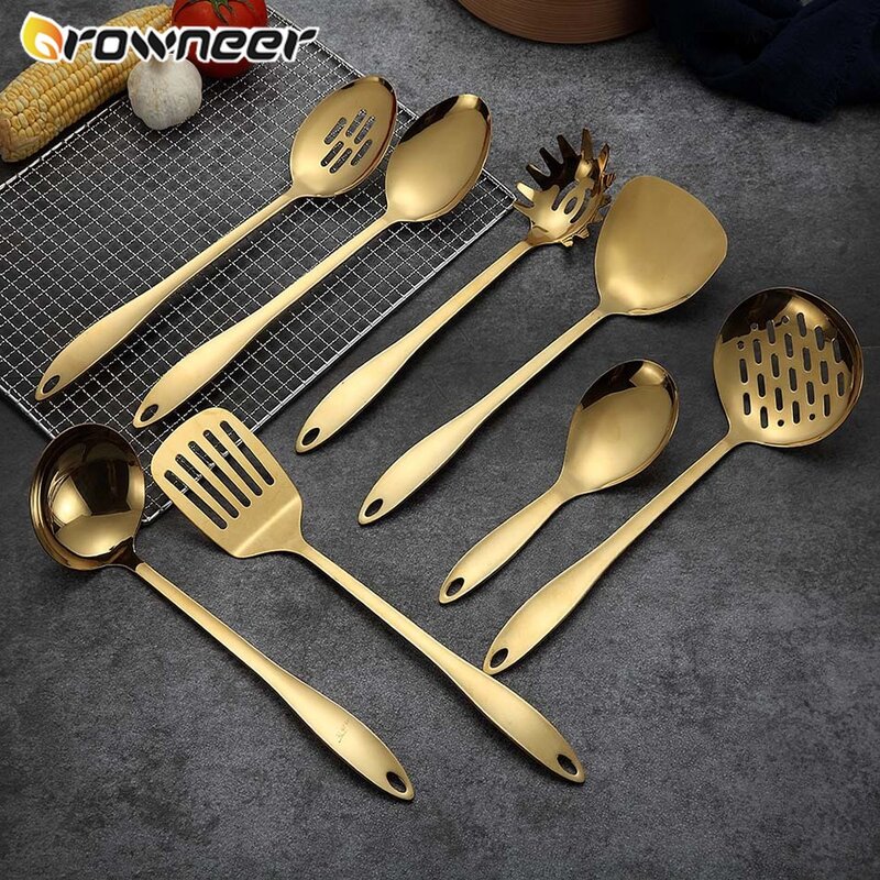 Juegos de herramientas de cocina antiadherentes, utensilios de cocina de acero inoxidable y titanio dorado, espátula de cocina, 8 Uds.