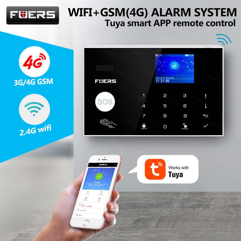 FUERS 와이파이 4G 경보 시스템 무선 홈 도난 경보기 시스템 Tuya APP 제어 사이렌 모션 탐지기 PIR 연기 센서
