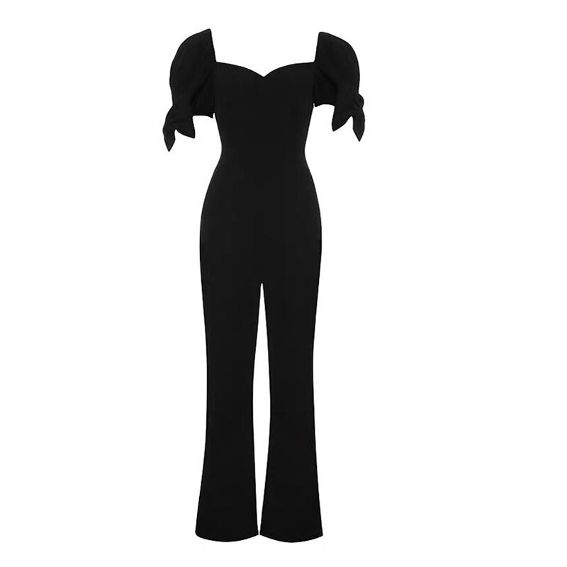 High Quality 2020 New Fashion Sexy V-Neck Jumpsuits Women Summer Puff Sleeve Casual High Waist Playsuit Slim Long Jumpsuit