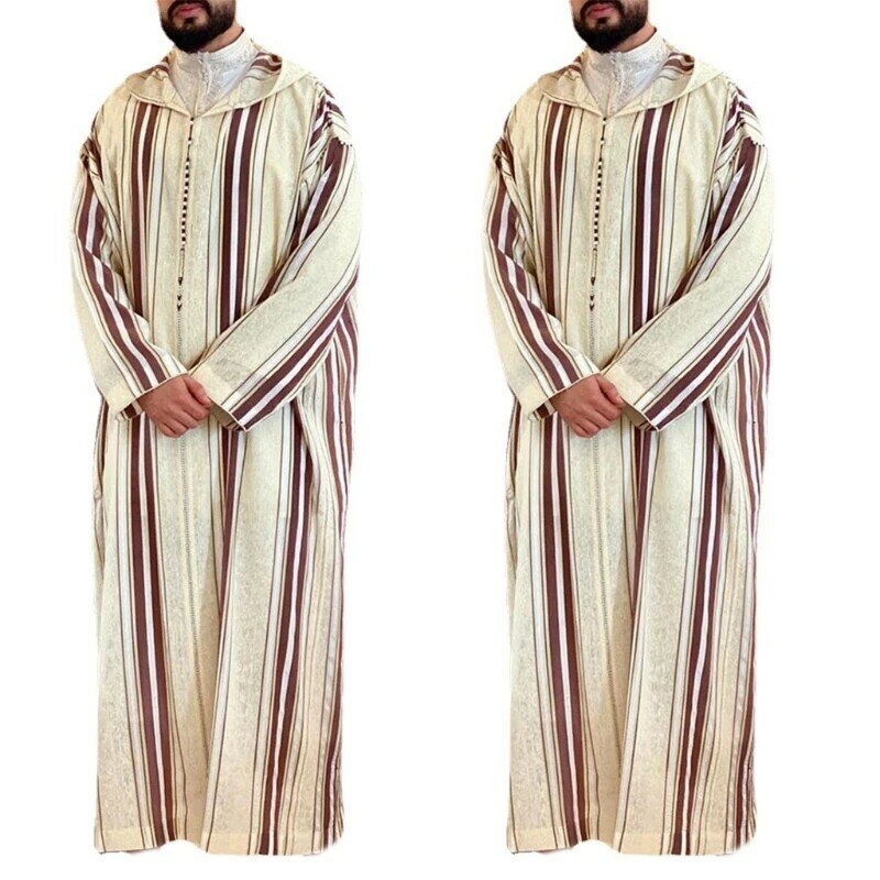 Mode Männer Ethnische Stil Hemd Ramadan Kleid Marokkanischen Robe Gestreiften Lange Thobe L41B