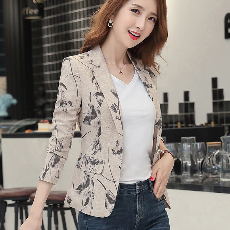 Senhora do escritório do vintage 2021 novo outono coreano impressão fino terno jaqueta feminino único breasted blazers casaco roupas femininas 719g