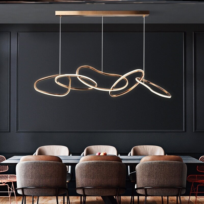 Restaurante minimalista led lustre pós-moderna lâmpada de suspensão de luxo simples balcão de barra anel de aço inoxidável iluminação lustre