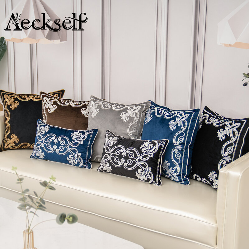 Aeckauto-funda de cojín de terciopelo con bordado de flores europeas, decoración para el hogar, azul marino, marrón, gris, funda de almohada