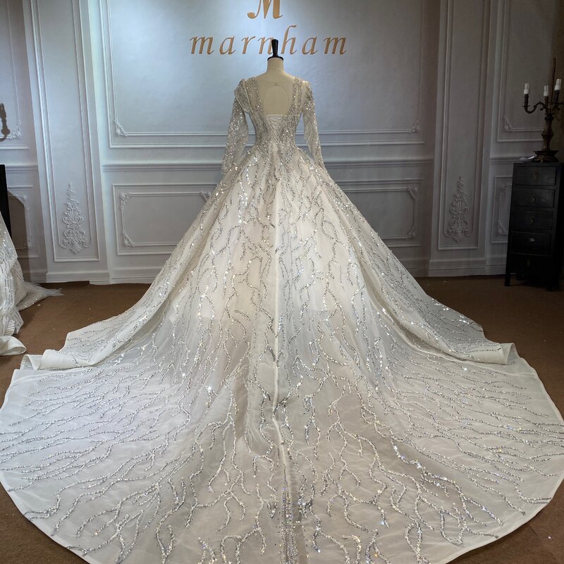 Marnham 2022 Gorgeous Luxury Dubai Wedding Dress Ivory Woman Bride Ball Gown With Long Train Sleeve Princess Sequin Hand made
