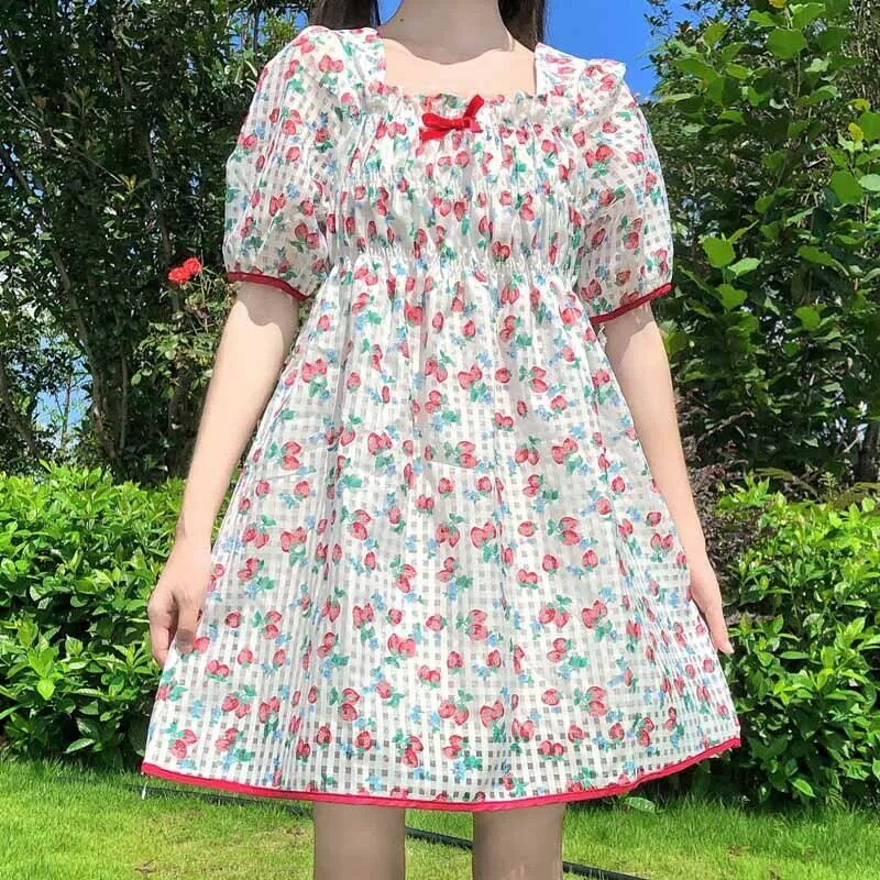 Japońska moda słodki Kawaii elegancki luźny z kwiatowym motywem drukowane pani sukienka 2021 College Style kołnierz bufiaste rękawy linii luźne sukienki