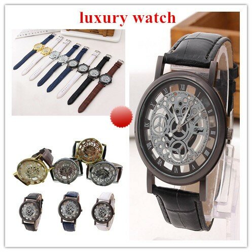Zegarek kwarcowy mężczyźni luksusowy stal nierdzewna wojskowy Sport skórzany pasek Dial Wrist Watch osobowość drążą projekt zegarki reloj