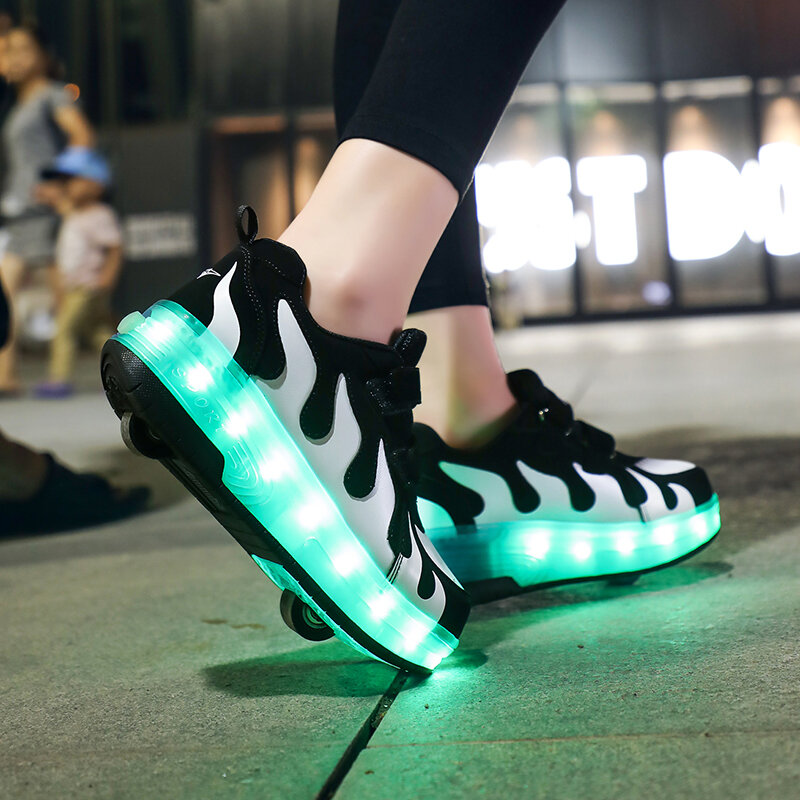 2020 New Glowing Sneakers on Wheels USB Charging Luminous Shoes Wheels LED Flashing Double Wheels Roller Skates Size 28-40
