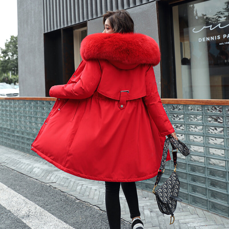 2020 novo forro de algodão parker parka moda ajustável cintura gola de pele inverno jaqueta feminina médio longo com capuz casaco parka