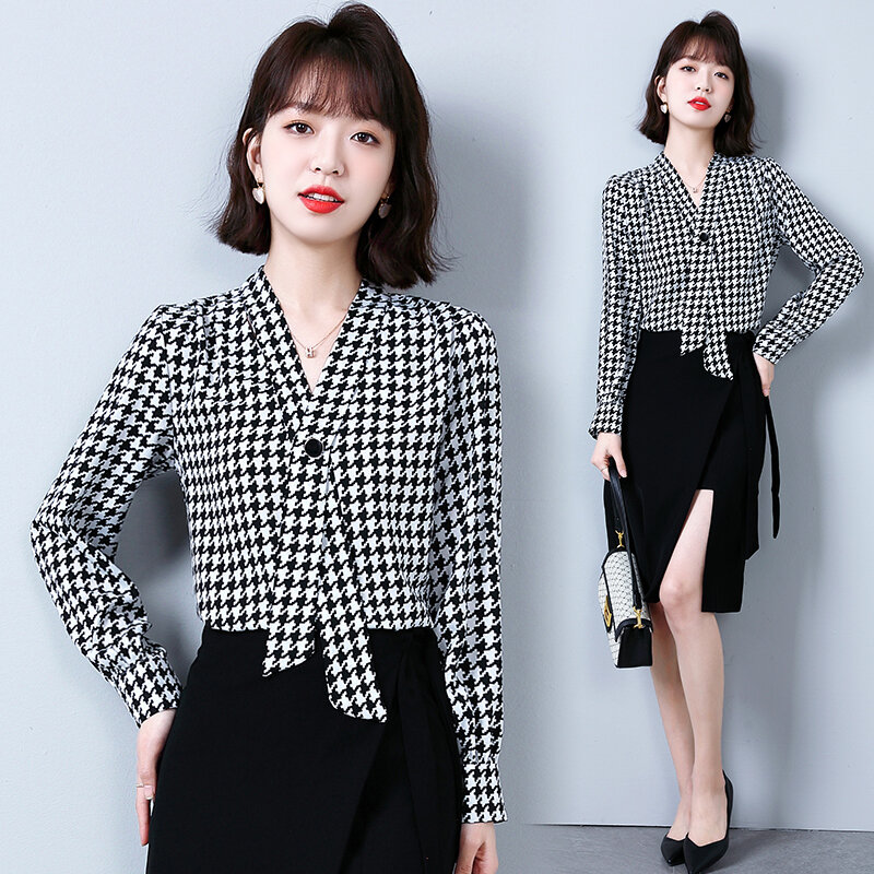 Decote em v houndstooth xadrez design blusa camisa vintage moda temperamento feminino senhoras topo manga longa primavera camisa feminina 238c