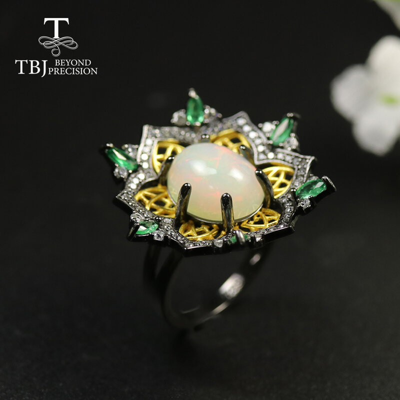 TBJ 2020 nuevo de lujo anillo de piedra ornamental con ópalo oval 10*12mm 3ct natural Esmeralda anillo de mujer de Plata de Ley 925 Plata regalo de la joyería