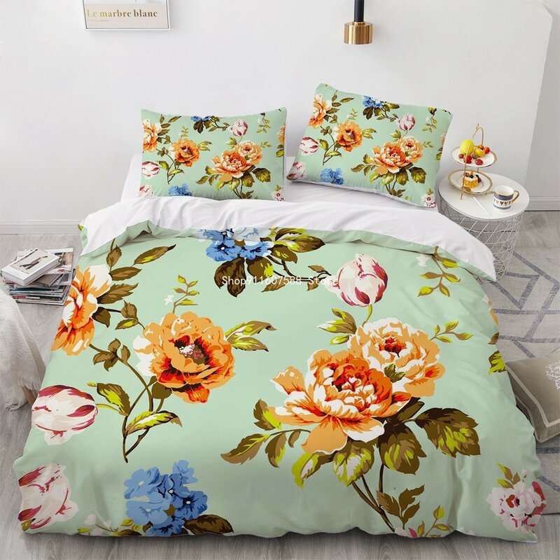 Parure de lit de style nordique 3D, ensemble de literie de printemps coloré, housse de couette, taie d'oreiller, vert, linge de lit, plante, Textile de maison