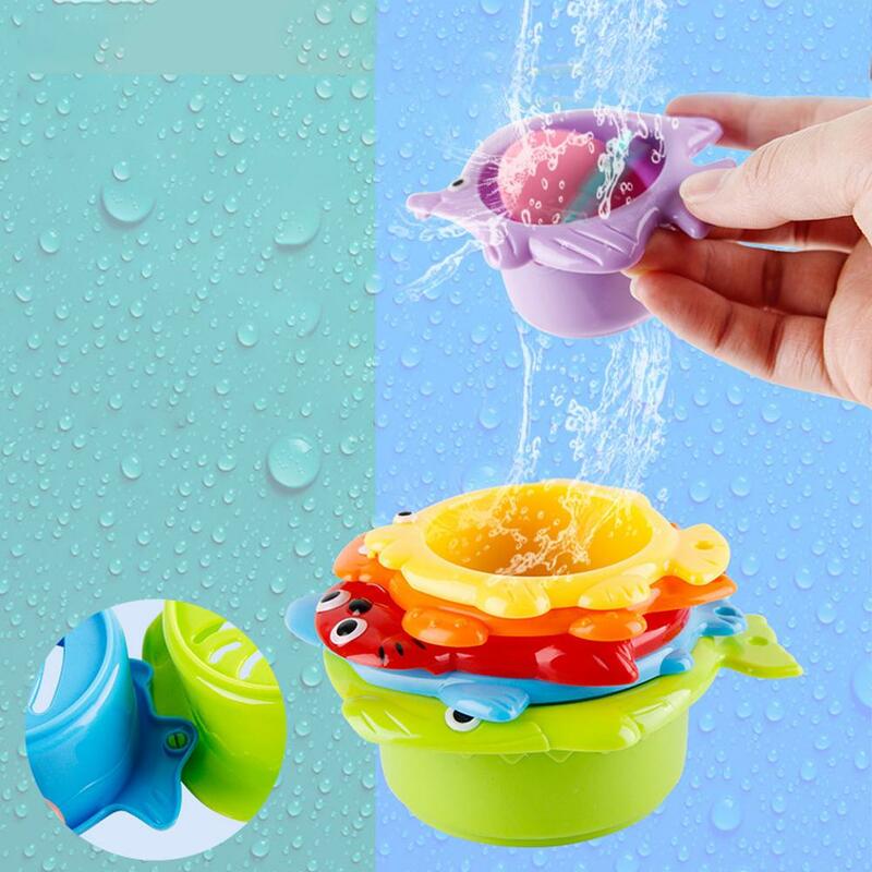 Kuulee Bathtub Stack Fish Cup Educational Baby Toys Rainbow Color Folding Tower Funny Plastic Piles Cup