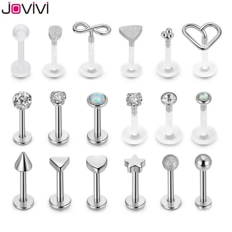 Jovivi anel de lábio em aço inoxidável, 18 peças de piercing acrílico labial, anel helix, orelha, pino, lábio, joias 16ga