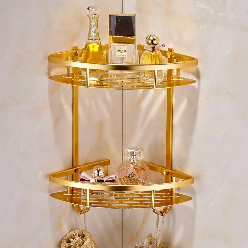 Вместительная алюминиевая Золотая угловая полка для ванной комнаты, органайзер, 2-ярусная стойка для хранения, настенные аксессуары для ван...
