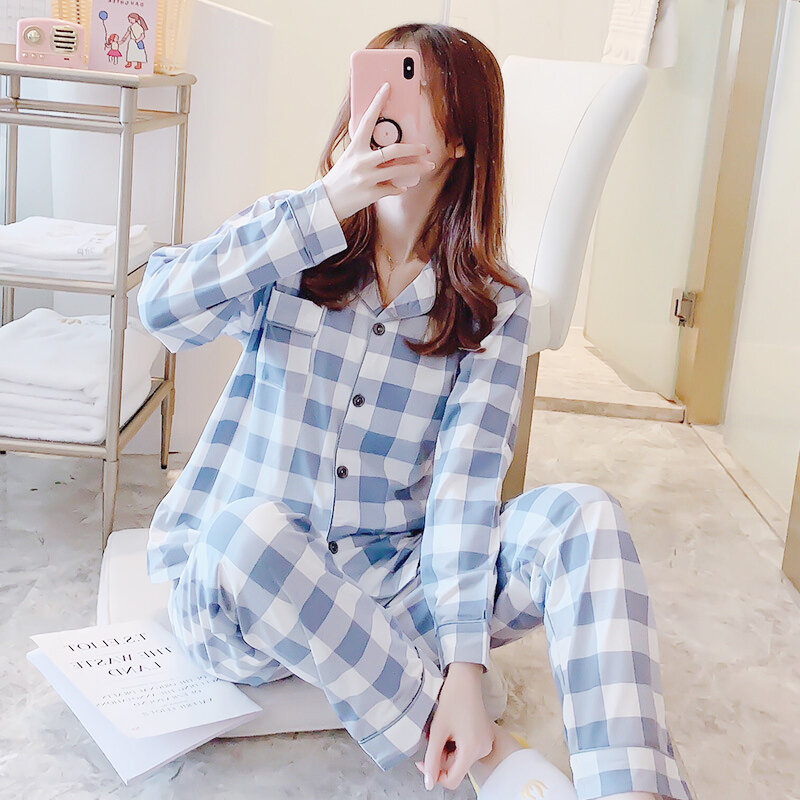 Pijamas de xadrez de fallsweet para mulher conjunto de gola turn-down senhoras pijamas de manga longa