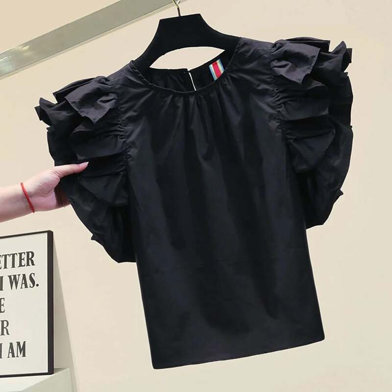 Женская блузка с круглым вырезом, Повседневная однотонная блузка в Корейском стиле ретро, лето 2021