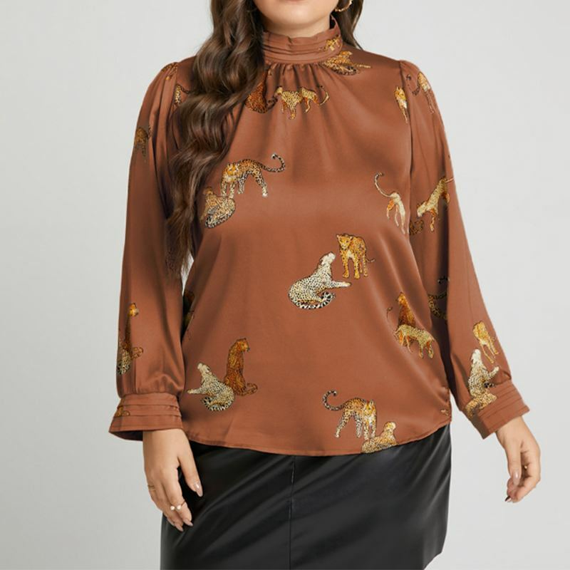 Женская атласная блузка с длинным рукавом и воротником-стойкой
