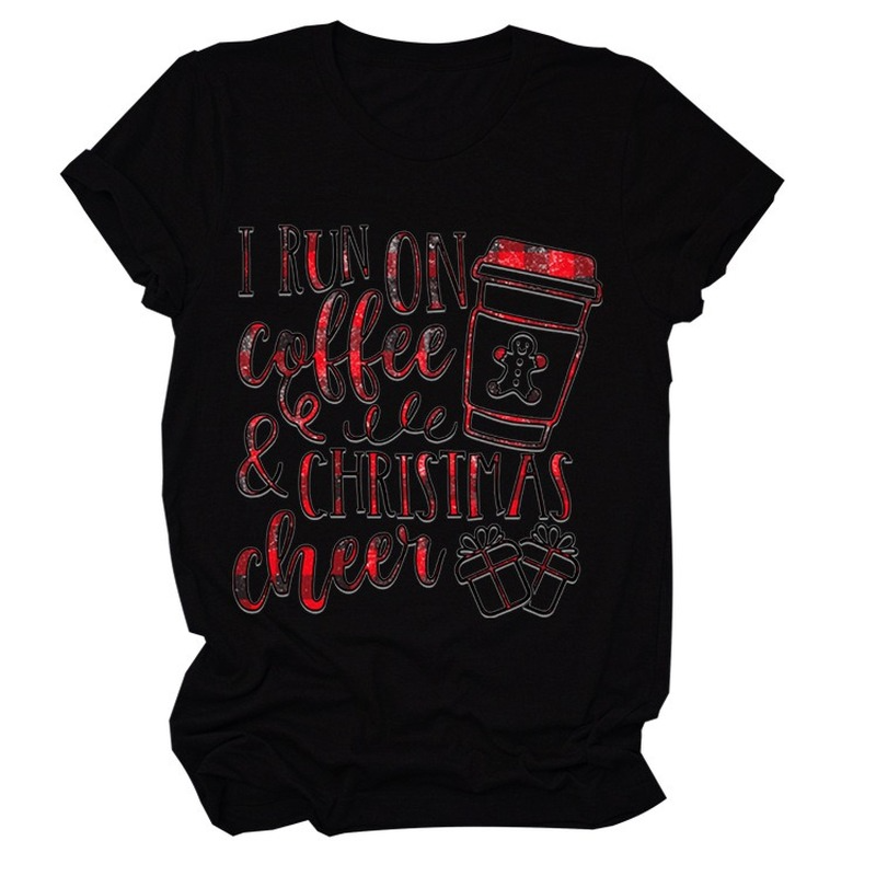 女性のためのコーヒーとクリスマスのプリントTシャツ,半袖,ラウンドネック,ルーズ,Tシャツ