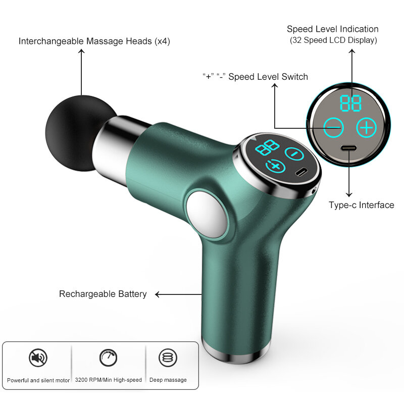 Mini pistolet de Massage Portable, appareil de Massage à Percussion des tissus profonds, pour soulager la douleur, Relaxation musculaire du corps, écran LCD, 32 vitesses