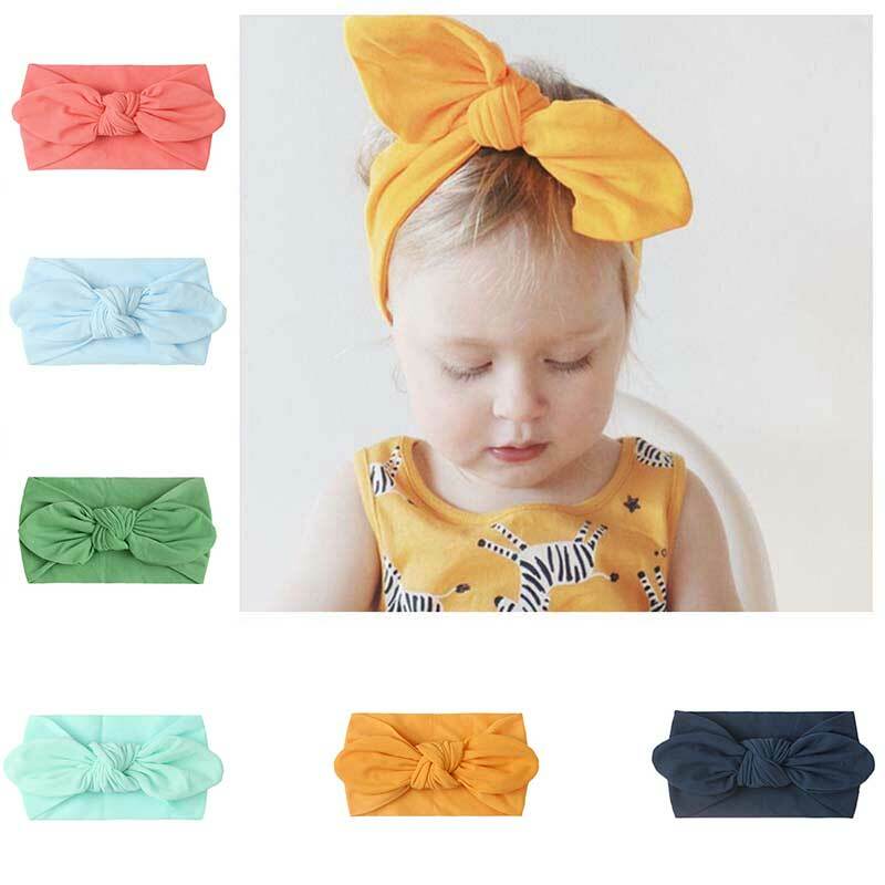 Baby Nylon Headband Soft Rabbit Big Bow Turban Hair Band For Children Girls Solid Color Cute Elastic Headwrap Hair Accessories