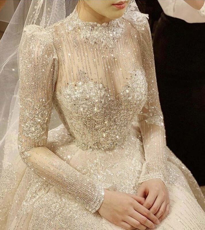 فستان عتيق من Vestidos De Novias بياقة عالية وياقة على شكل حرف O من القماش اللامع بأكمام طويلة وفساتين زفاف إسلامية