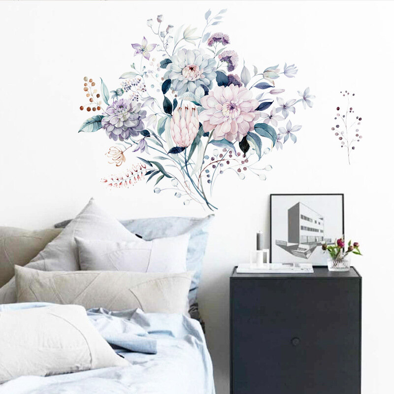 Autocollant de fleurs 3d, décoration murale pour la maison, pour chambre à coucher, sticker mural de fleurs nordiques amovibles pour salon