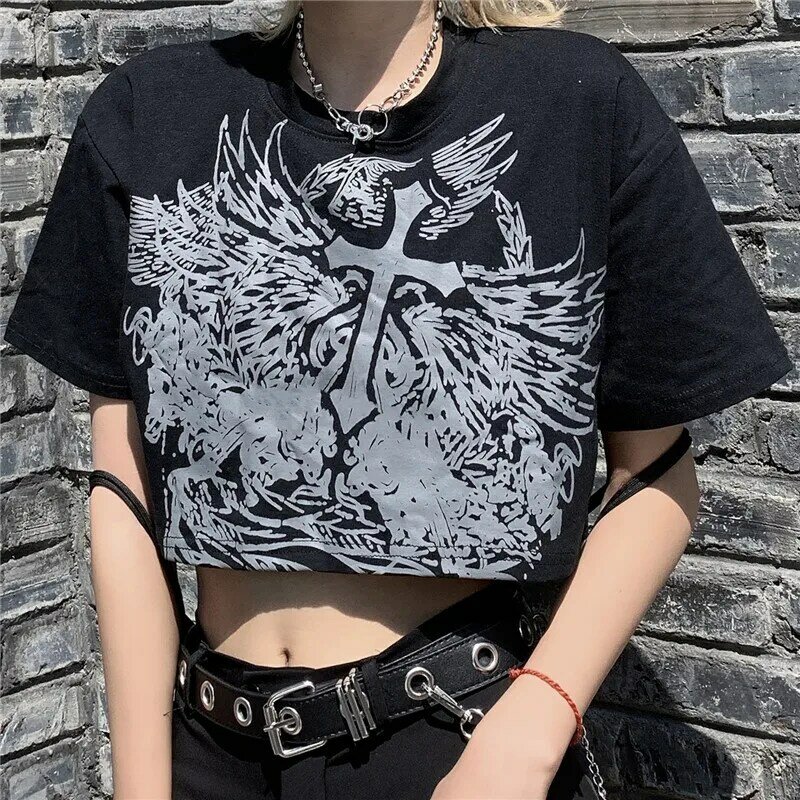 Gotycki styl krótki Top Harajuku graficzny T Shirt dla kobiet Ulzzang koreańska koszulka letnia koszulka Croptop Goth ubrania z krótkim rękawem