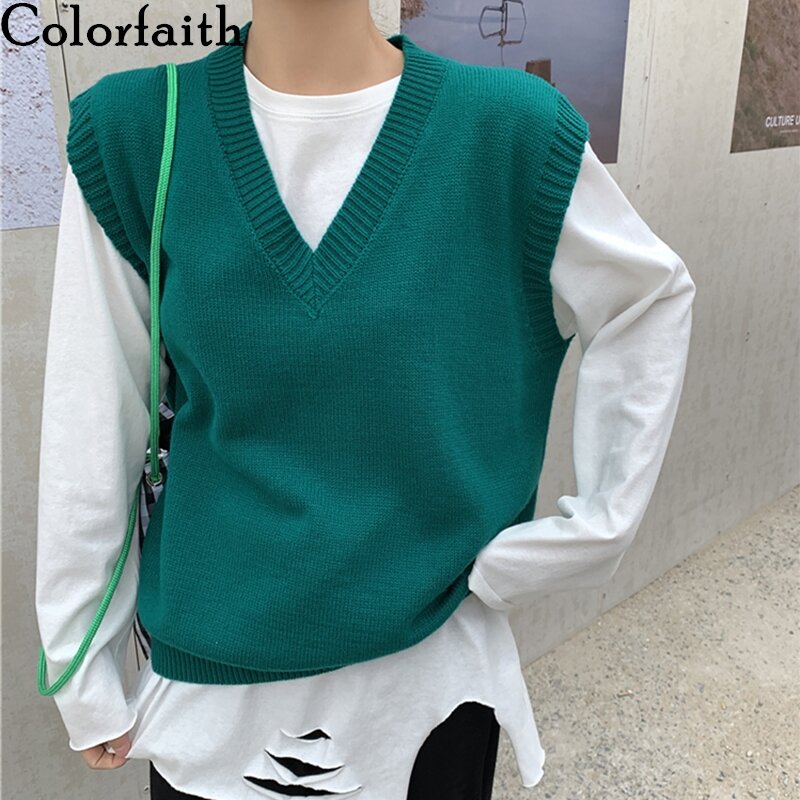 Colorfaith 2020 новые осенние зимние женские свитера с v-образным вырезом пуловер без рукавов однотонный вязаный негабаритный элегантный дикий жи...