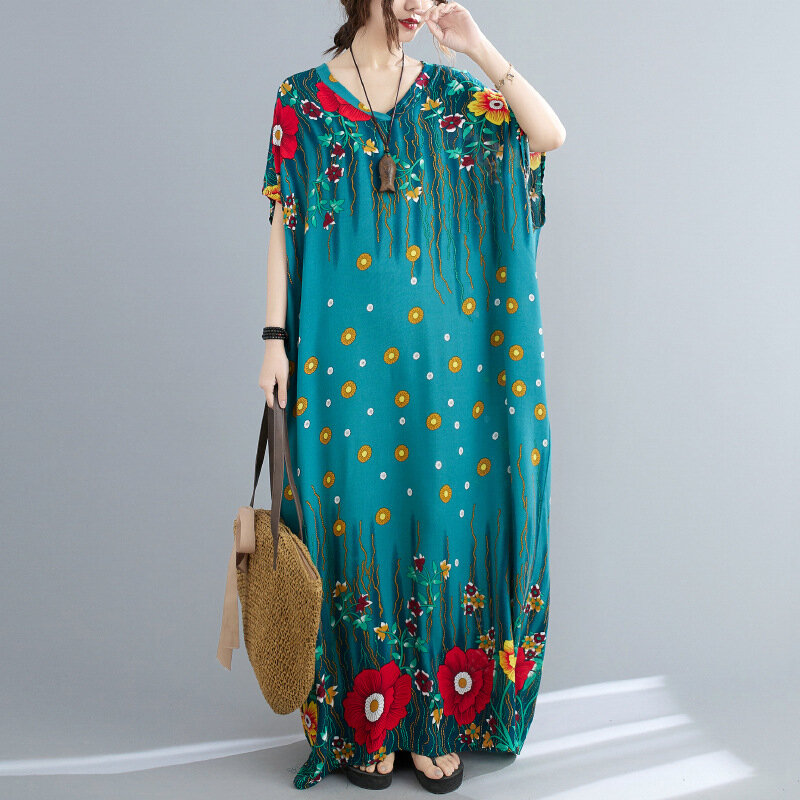 Vestido largo holgado informal con flores para verano, minivestido Vintage con escote en V para mujer, estilo bohemio, K1399