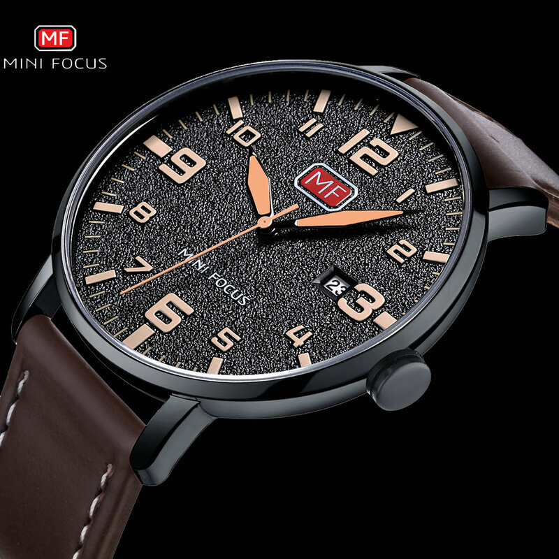 Mini Focus Sport Casual Quartz Horloge Mannen Bruin Lederen Band Arabisch Aantal Kalender Waterdicht Heren Horloges Topmerk Luxe