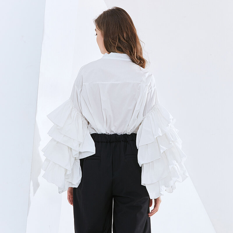 TWOTWINSTYLE-camisas tejidas con cuello levantado para mujer, blusas informales de diseñador con volantes de retales, manga larga, estilo linterna, 2022