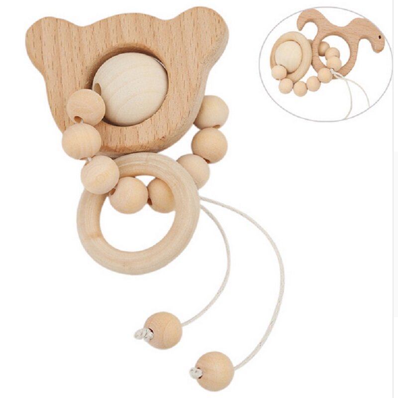 Bebé de madera de dibujos animados mordedor en forma de Animal de ganchillo masticar granos de bebé musical juguetes de Montessori juguetes de bebé regalo