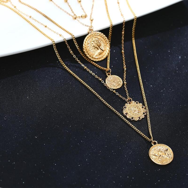 Ingesight.Z Boho 5 Multi Layer Long Adjustable Chain 4 Pendant Choker Necklace Fashion Coin Rune Queen Jewelry Female Women Gift