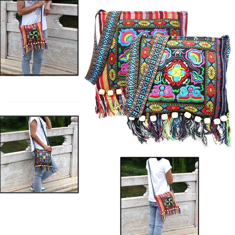 Hmong-Bolsos de hombro de estilo étnico Vintage con borlas bordadas, estilo bohemio, Hippie, informal