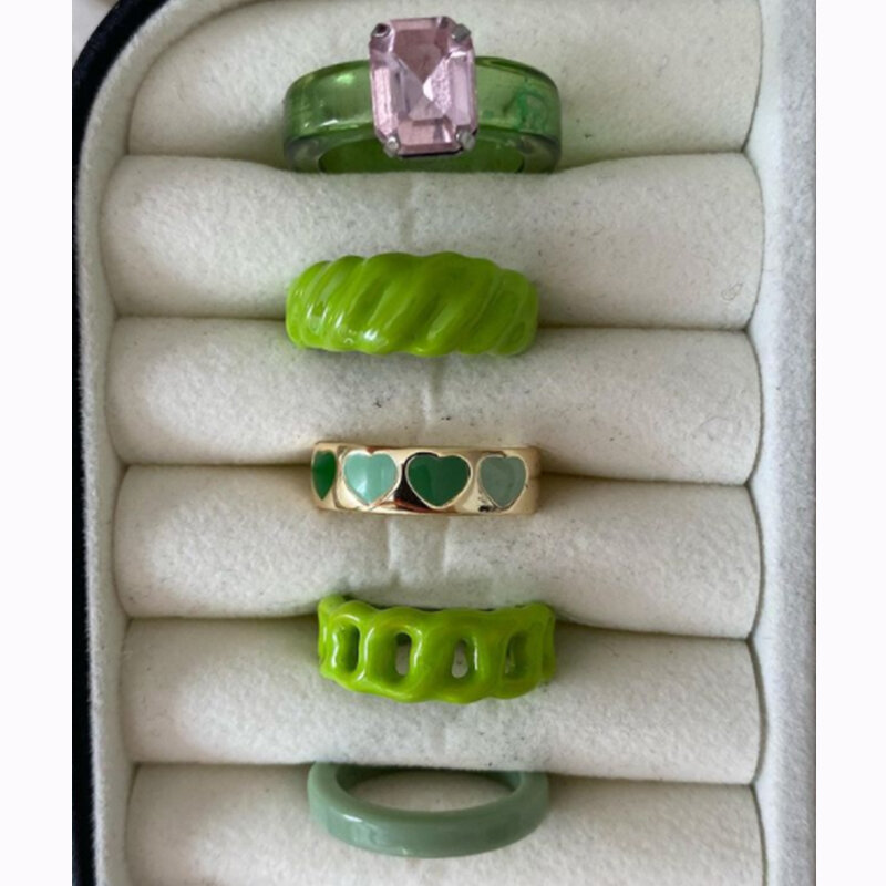UILZ Y2K Cute Smiley Face Green Enamel Acrylic Zircon Rings for Women Stacked Chunky Metal Ring Fashion Summer Beach Jewelry
