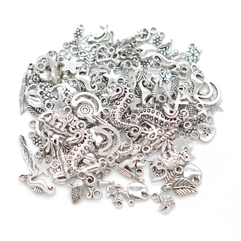 100 unids/lote de abalorios de plata de Tibtan mezclados al azar, colgantes para accesorios de fabricación de joyas DIY, regalo de Navidad, envío al azar