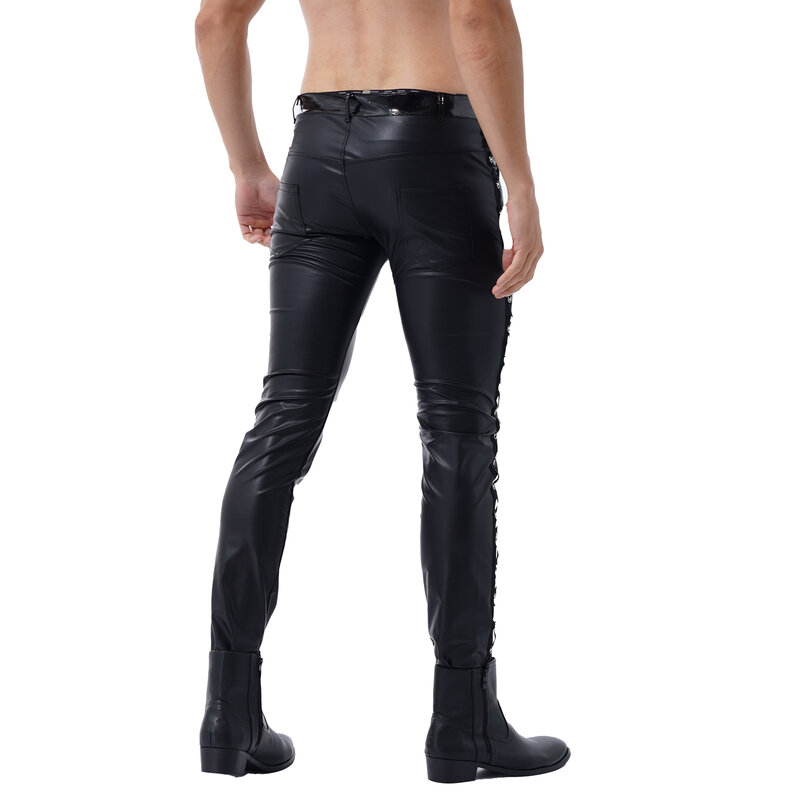 Schwarz Männer Latex Hosen Niedrige Taille Legging Shiny Faux Leder Hosen Mode Enge Hosen für Clubwear Zeigen Rock Band Leistung