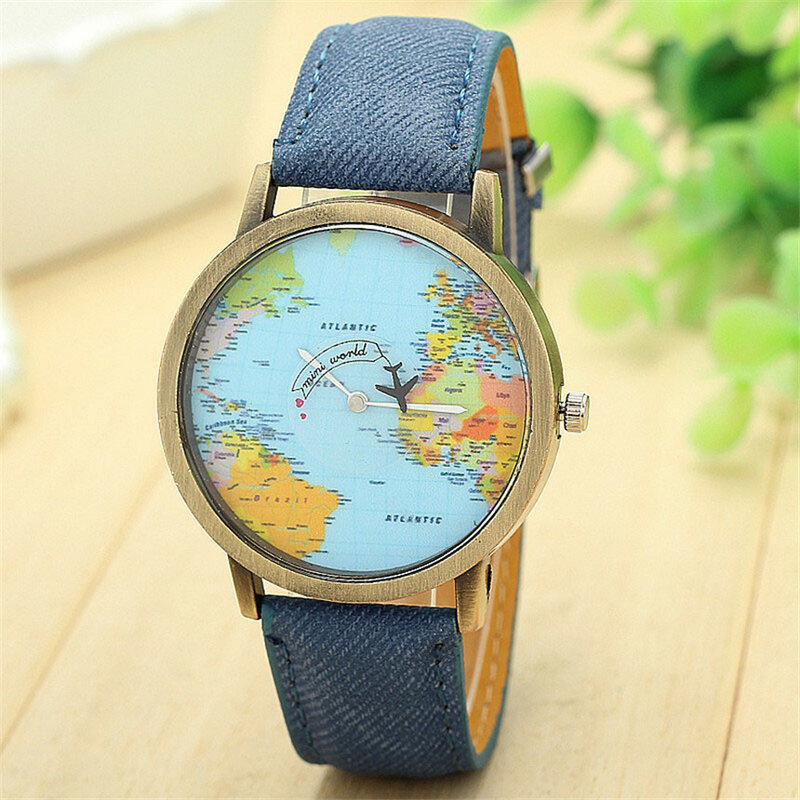 Reloj de cuarzo Mini World para hombres y mujeres, cronógrafo de pulsera con diseño de mapa, avión, viaje por el mundo, vestido de cuero para mujeres, D30