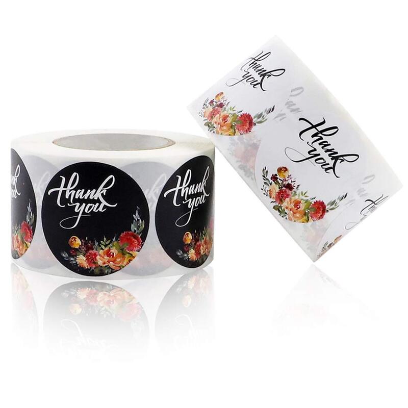 500 pces 1 polegada preto ou branco floral obrigado você adesivo selo etiquetas natal presente decoração adesivo papelaria adesivo