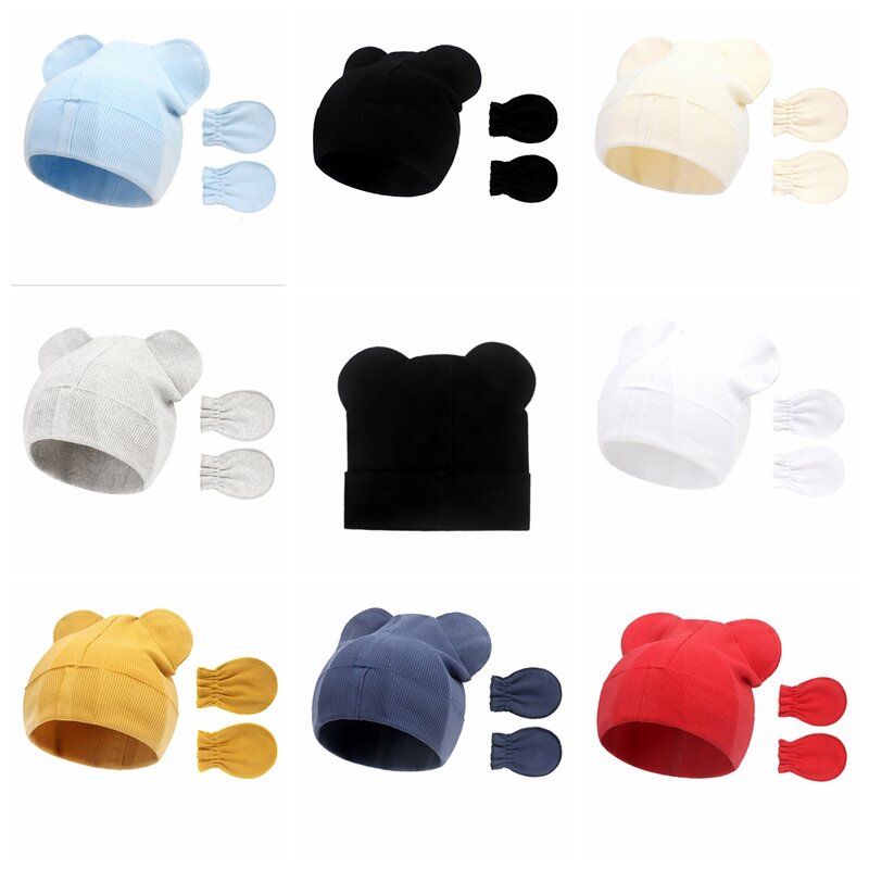 Conjunto de dos piezas de gorros y guantes de algodón de Color sólido para bebé, manoplas protectoras para la cara, sombrero recién nacido